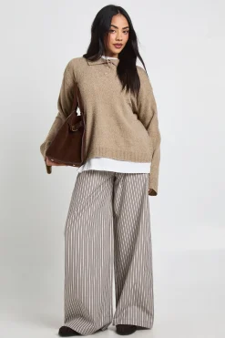 Pantalon Large à Rayures Tissées avec Taille Élastique