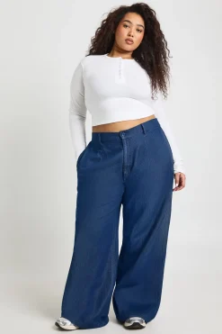 boohoo Pantalon Large à Revers Chambray Grande Taille<Femme Pantalons