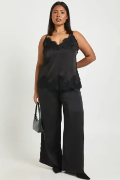 Pantalon Large Taille Grande En Satin Avec Cordon De Serrage