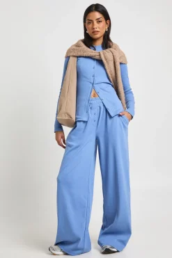 Pantalon Large à Taille Haute Côtelée
