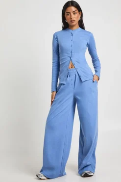 Pantalon Large à Taille Haute Côtelée