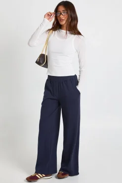 Pantalon Large à Taille Haute Côtelée