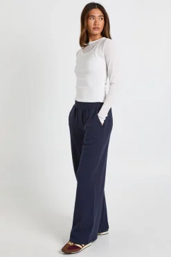 Pantalon Large à Taille Haute Côtelée