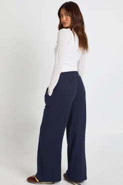 Pantalon Large à Taille Haute Côtelée