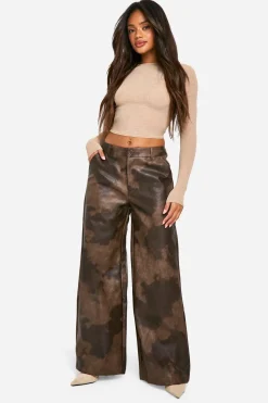 Pantalon large taille haute en synthétique lavé