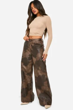 Pantalon large taille haute en synthétique lavé