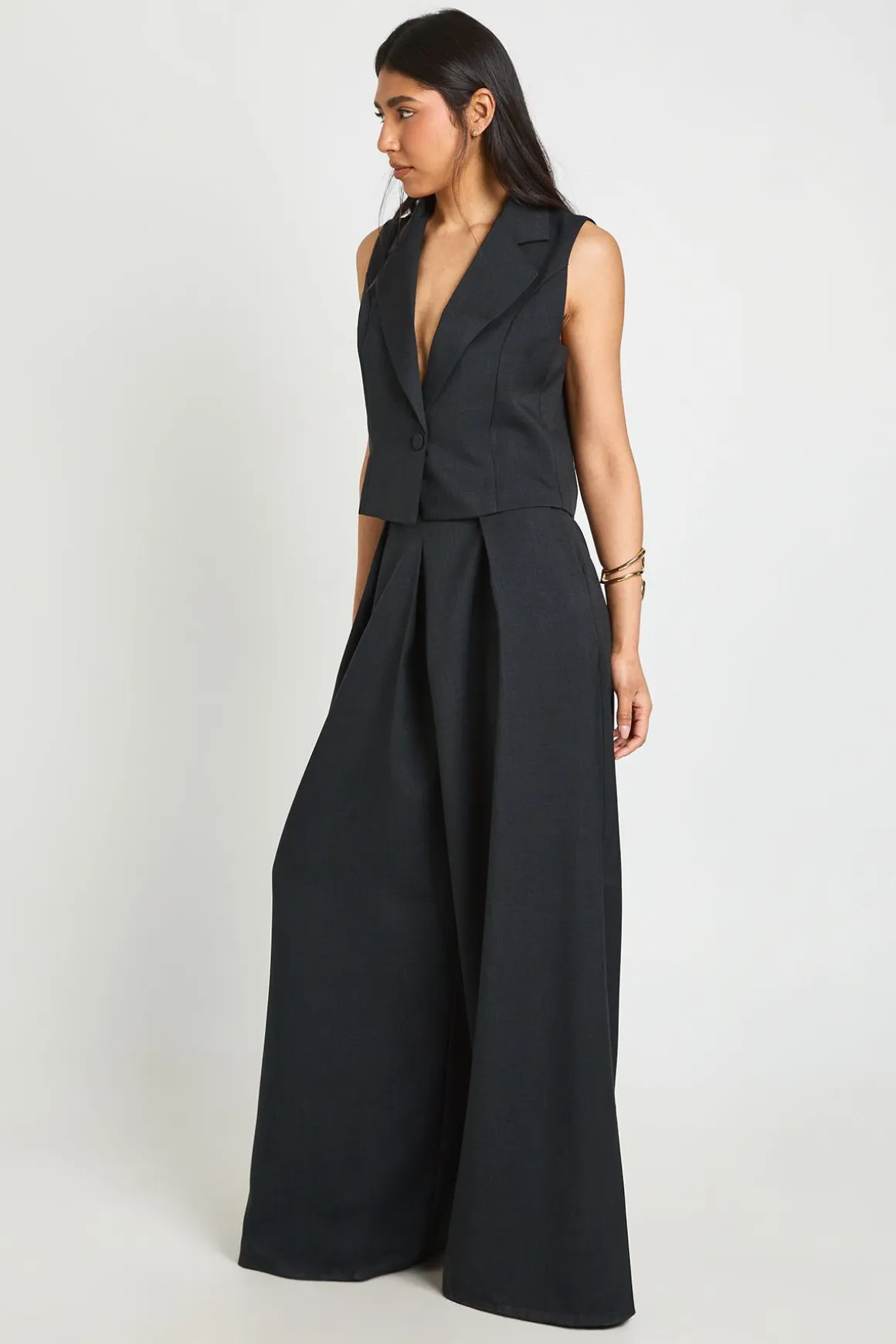 Pantalon Large Taille Haute À Plis Et Aspect Lin Pour Grandes Tailles