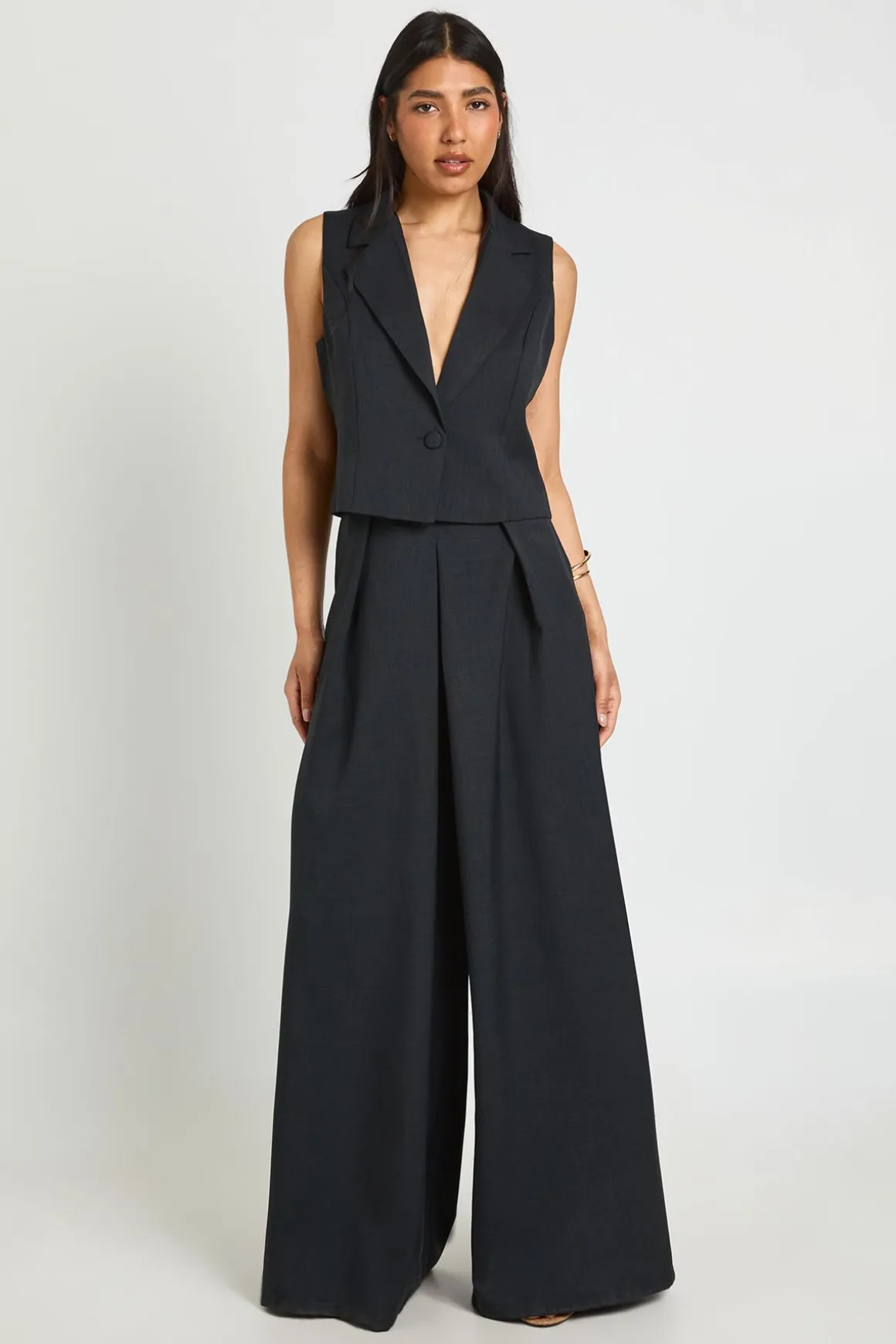 Pantalon Large Taille Haute À Plis Et Aspect Lin Pour Grandes Tailles
