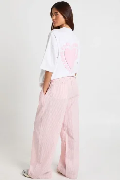 Pantalon Large à Taille Élastique en Seersucker Rayé