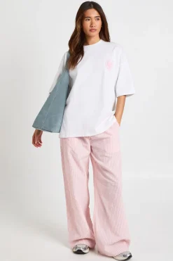 Pantalon Large à Taille Élastique en Seersucker Rayé