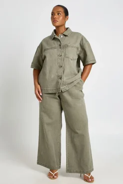 Pantalon Large Taille Élastiquée En Denim Délavé Grande Taille