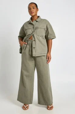 Pantalon Large Taille Élastiquée En Denim Délavé Grande Taille
