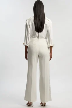 Pantalon Large Tailleur en Mélange de Dentelle Stretch Compact