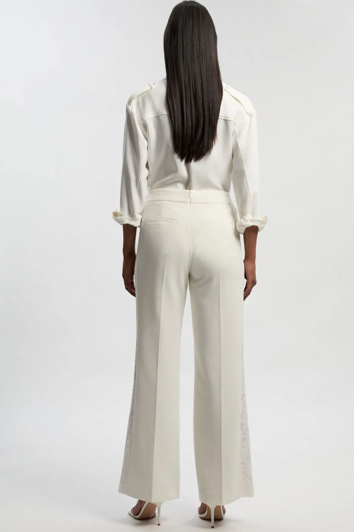 Pantalon Large Tailleur en Mélange de Dentelle Stretch Compact