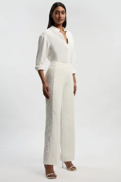 Pantalon Large Tailleur en Mélange de Dentelle Stretch Compact