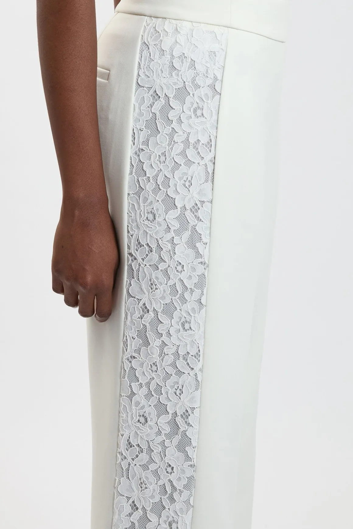 Pantalon Large Tailleur En Tissu Stretch Compact Avec Empiècements En Dentelle