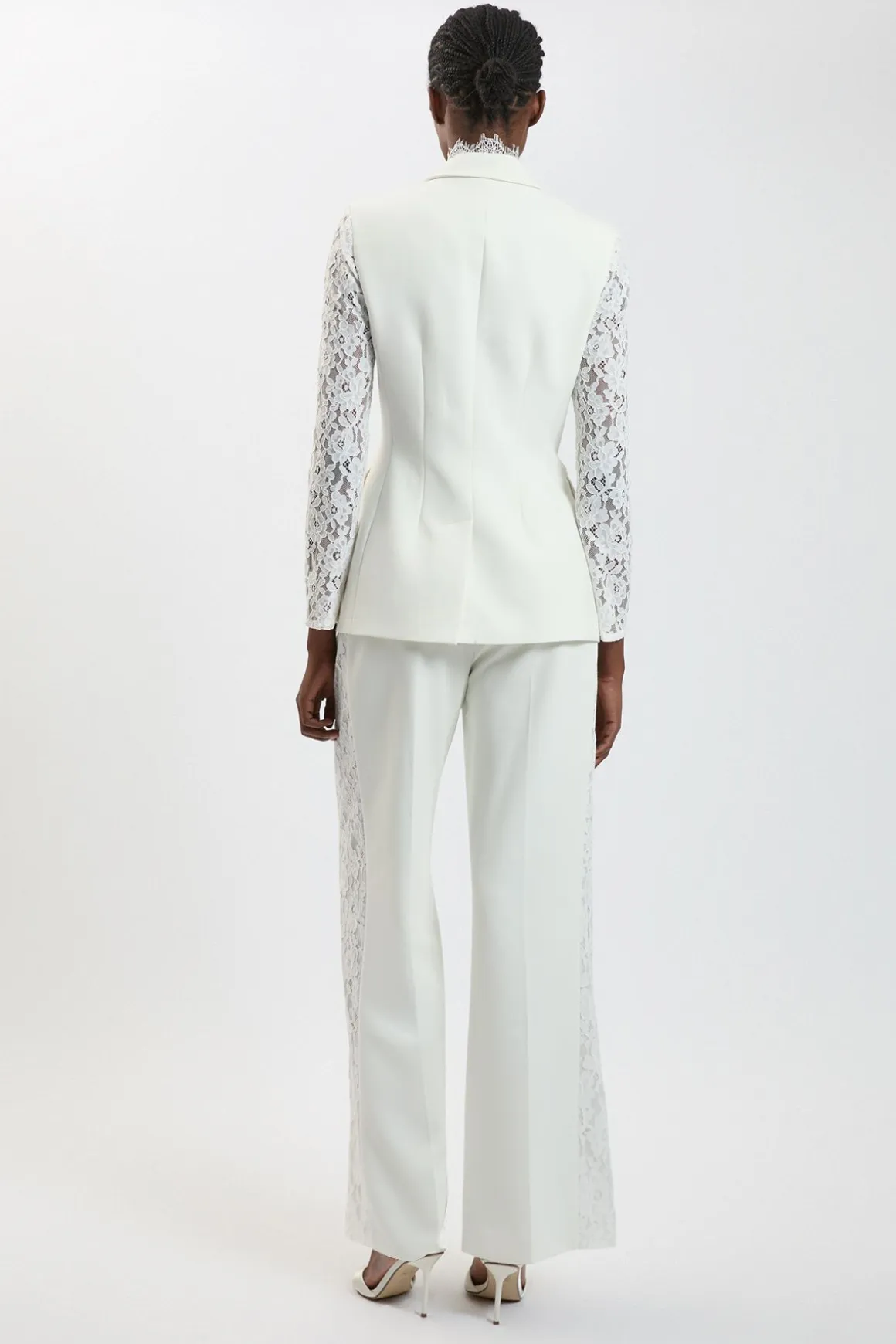Pantalon Large Tailleur En Tissu Stretch Compact Avec Empiècements En Dentelle