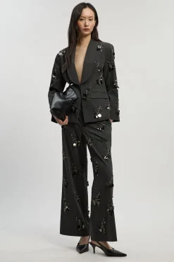 Pantalon Large Tailleur Orné de Paillettes et Cristaux en Petits Groupes