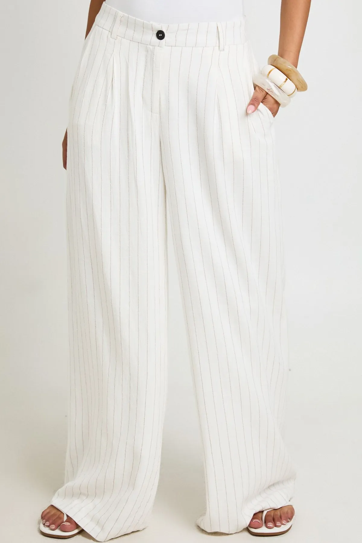 boohoo Pantalon Large Tailleur Plissé À Rayures Effet Lin<Femme Pantalons|Tons Neutres