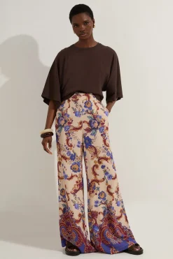KarenMillen Pantalon large tissé en viscose et lin premium avec imprimé paisley sur bord<Femme Pantalons