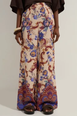 KarenMillen Pantalon large tissé en viscose et lin premium avec imprimé paisley sur bord<Femme Pantalons