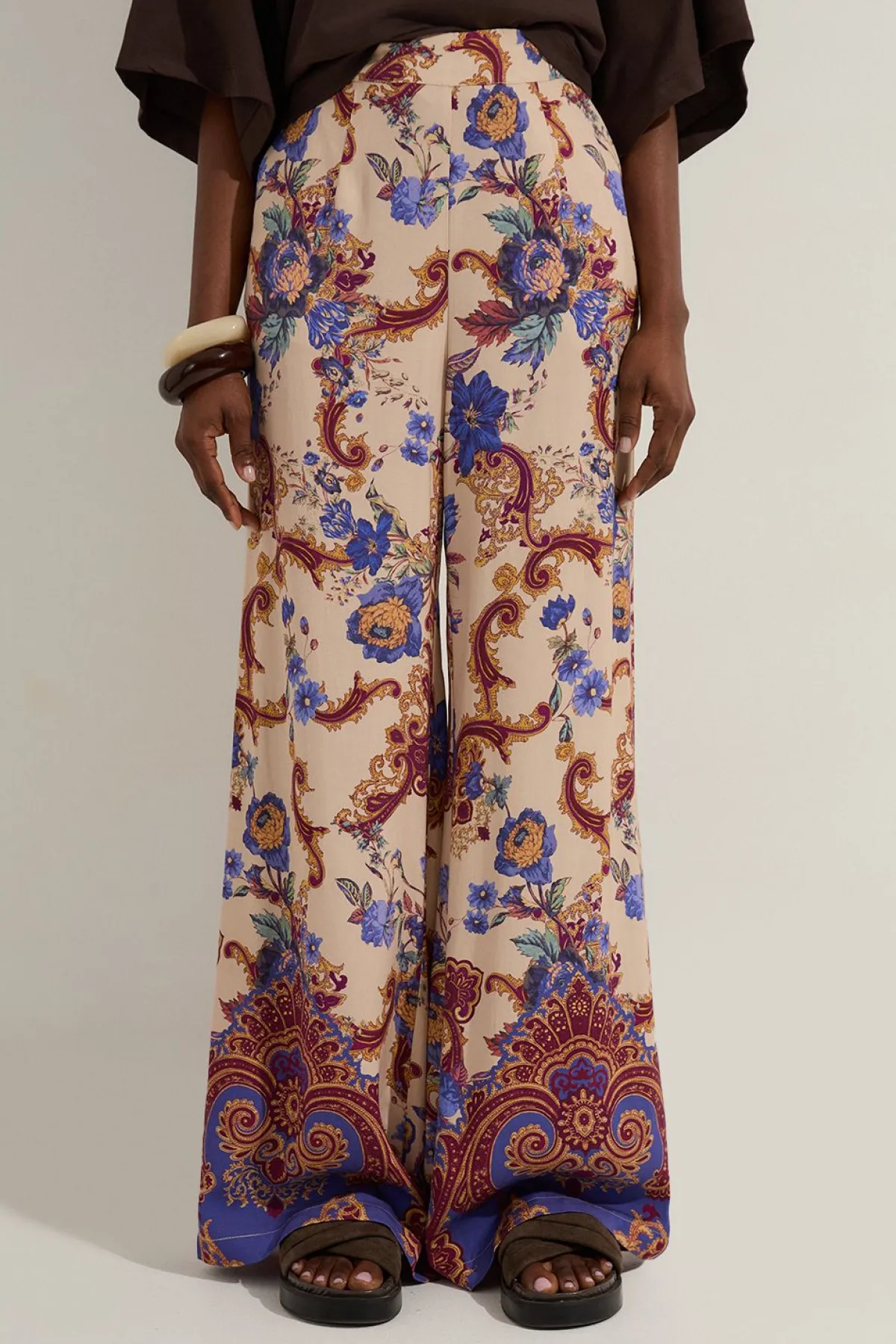 KarenMillen Pantalon large tissé en viscose et lin premium avec imprimé paisley sur bord<Femme Pantalons