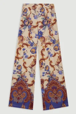 KarenMillen Pantalon large tissé en viscose et lin premium avec imprimé paisley sur bord<Femme Pantalons