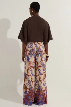 KarenMillen Pantalon large tissé en viscose et lin premium avec imprimé paisley sur bord<Femme Pantalons