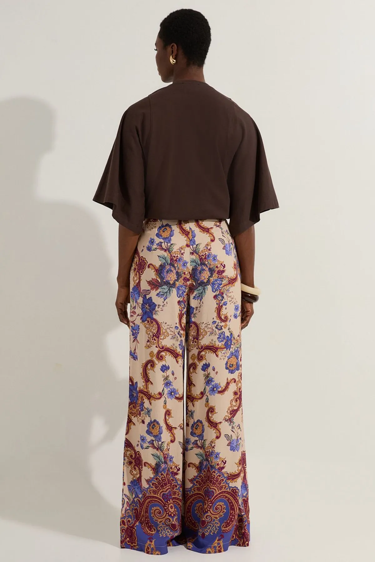 KarenMillen Pantalon large tissé en viscose et lin premium avec imprimé paisley sur bord<Femme Pantalons