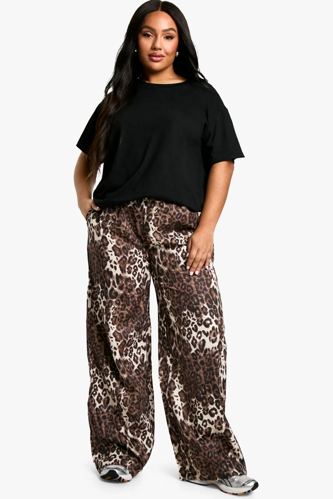 Pantalon Large Tissé Imprimé Léopard Grande Taille