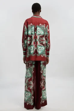 Pantalon Large Tissé Imprimé Viscose Lin Effet Miroir