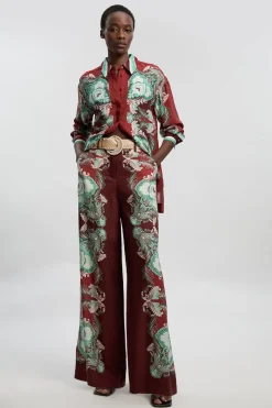 Pantalon Large Tissé Imprimé Viscose Lin Effet Miroir