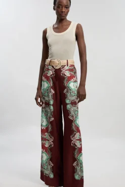 Pantalon Large Tissé Imprimé Viscose Lin Effet Miroir