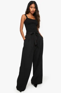 Pantalon Large Tissé Plissé Avec Ceinture