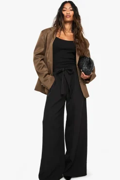 Pantalon Large Tissé Plissé Avec Ceinture