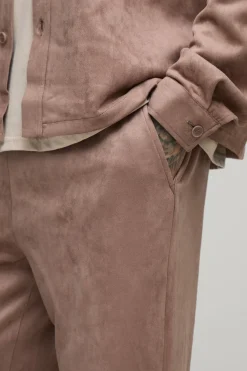 Pantalon Long en Faux Suède à Coupe Décontractée avec Cordon de Serrage et Pinces Repliées