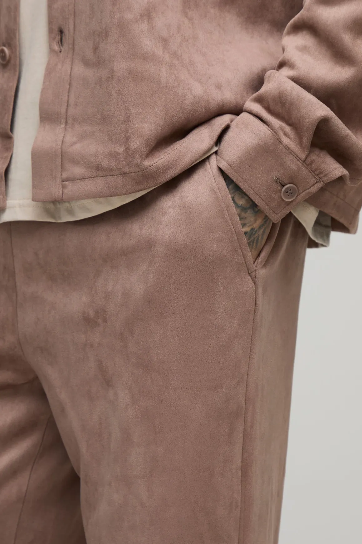 Pantalon Long en Faux Suède à Coupe Décontractée avec Cordon de Serrage et Pinces Repliées