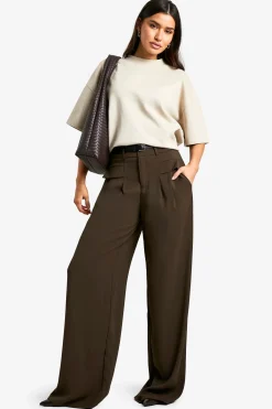 boohoo Pantalon long fluide ceinturé à jambes larges<Femme Pantalons|Looks Chocolat