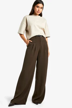 boohoo Pantalon long fluide ceinturé à jambes larges<Femme Pantalons|Looks Chocolat