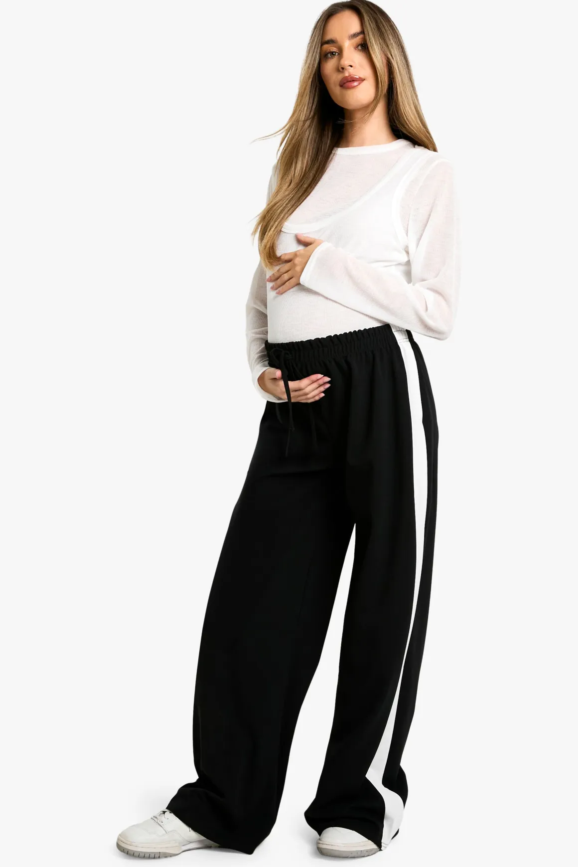 Pantalon Maternité à Large Jambe avec Bande Contrastante sur le Côté