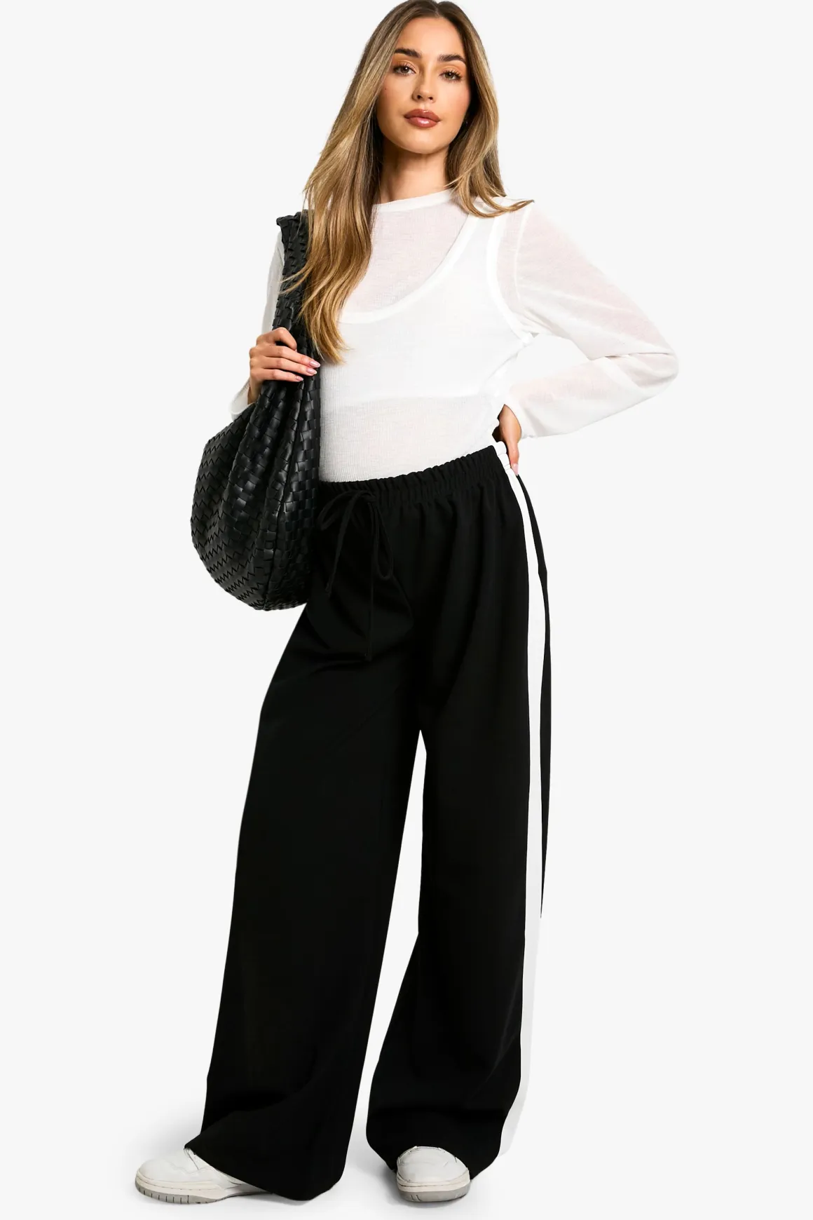 Pantalon Maternité à Large Jambe avec Bande Contrastante sur le Côté
