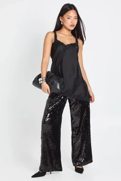 Pantalon pailleté pour femmes de petite taille, à taille basse et ceinture à cordon