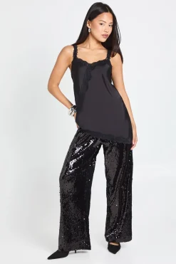 Pantalon pailleté pour femmes de petite taille, à taille basse et ceinture à cordon