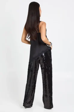 Pantalon pailleté pour femmes de petite taille, à taille basse et ceinture à cordon