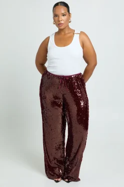 boohoo Pantalon pailleté à taille basse avec ceinture à cordon pour grandes tailles<Femme Pantalons|Looks Bordeaux