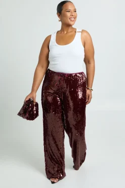 boohoo Pantalon pailleté à taille basse avec ceinture à cordon pour grandes tailles<Femme Pantalons|Looks Bordeaux