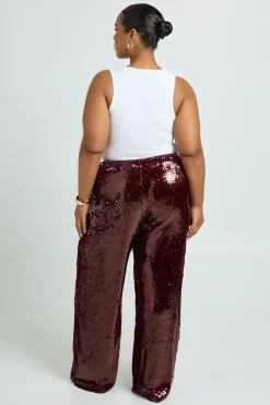 boohoo Pantalon pailleté à taille basse avec ceinture à cordon pour grandes tailles<Femme Pantalons|Looks Bordeaux