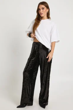 boohoo Pantalon à paillettes taille basse avec ceinture à cordon<Femme Pantalons