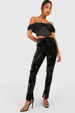Pantalon à paillettes taille mi-haute à ourlet fendu