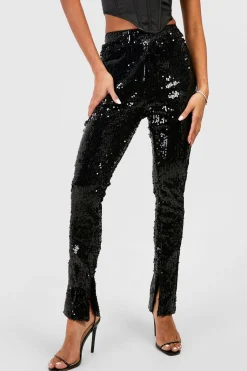 Pantalon à paillettes taille mi-haute à ourlet fendu